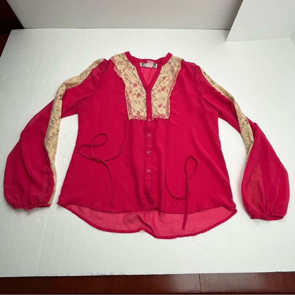 Flying Tomato Sheer Pink Cream Lace Peasant Boho Top Blouse Long Sleeve Large